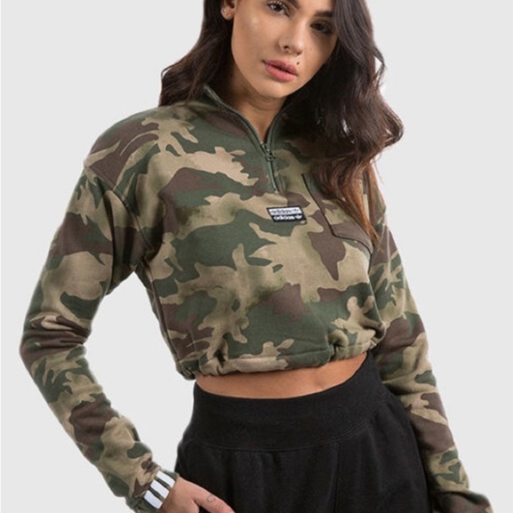 adidas Camouflage Cropped Half-Zip Sweatshirt in Green and Brown
